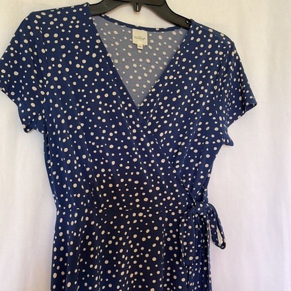 Kaileigh Blue Polka Dot Print Short Sleeves Wrap V Neck Dress Size Small - Picture 4 of 5